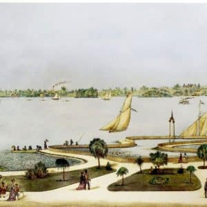 historic illustration of Lake Wendouree with people in heritage dress